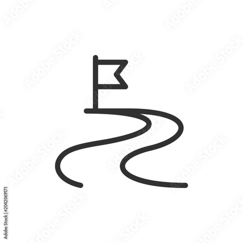 Curved road with flag, linear style icon. Journey completion and achievement path. Editable stroke width.