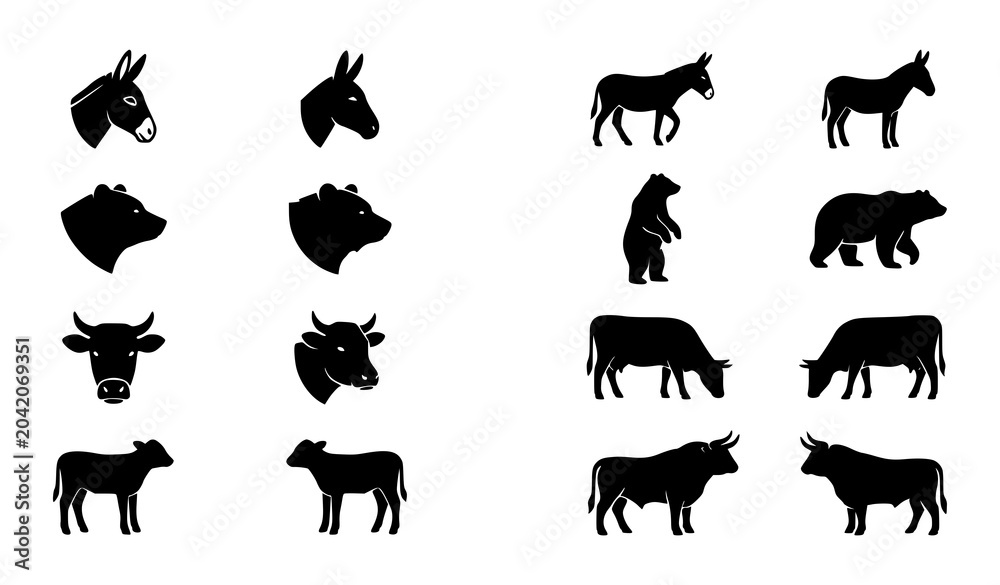 Obraz premium Black Animal Silhouette Collection with Donkey Bear Cow Bull and Livestock Wildlife Icons Vector Set