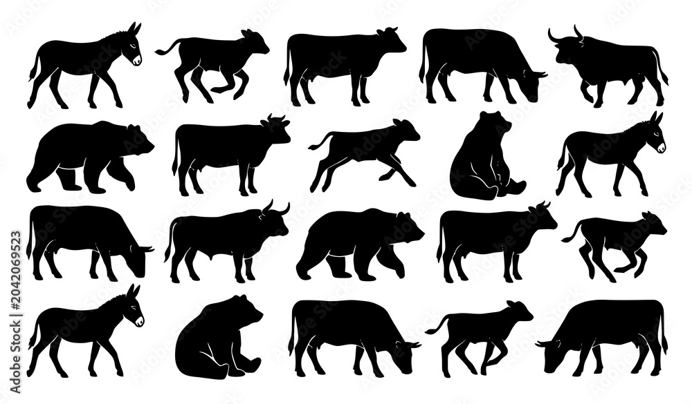 Obraz premium Dynamic Animal Silhouette Vector Set with Walking Donkeys Bears Cows Bulls and Farm Wildlife Shapes