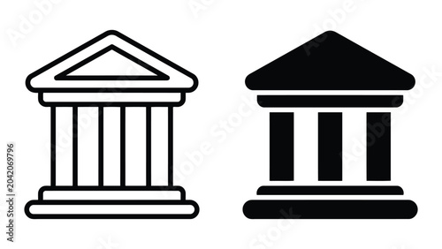Classic bank building icon set with pillars in clean outline and solid black graphic styles for financial services business apps government websites and investment banking branding design elements