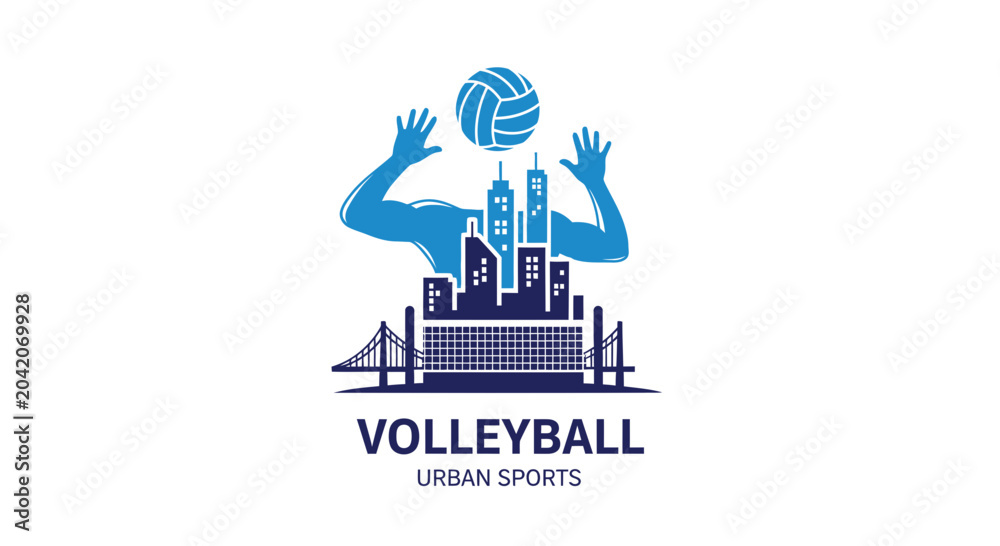 Naklejka premium Volleyball Logo Design Featuring City Skyline, Sports Emblem And Urban Landscape Concept