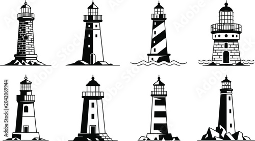 Foto Nautical lighthouse silhouette set icon vector