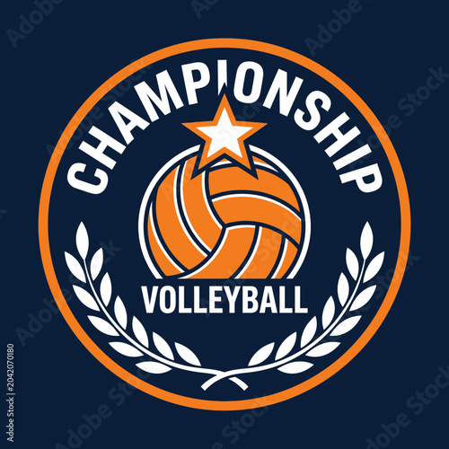 Volleyball Championship Badge Featuring Star, Ball, Laurel Wreath, And Elegant Visuals