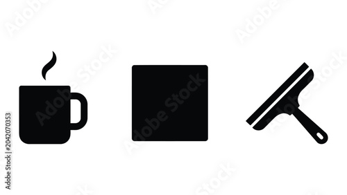 Cleaning utility icon set featuring coffee mug square shape and window squeegee in solid black vector style