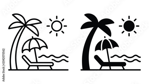 Sunny beach holiday icon set with palm tree lounge chair umbrella and ocean waves for travel agencies and tourism marketing design projects featuring clean outline and solid black vector styles