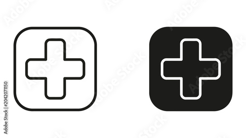 Medical cross in rounded square box icon set representing healthcare services and first aid station location