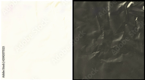 Tableau sur toile Crumpled plastic texture set, black and white wrinkled cellophane film backgroun