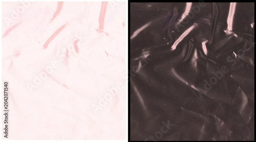 Photos Crumpled plastic texture background, split screen of white and black wrinkled ce