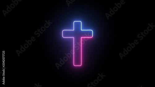 Pink and blue neon christian cross seamlessly looping 4k animation background.