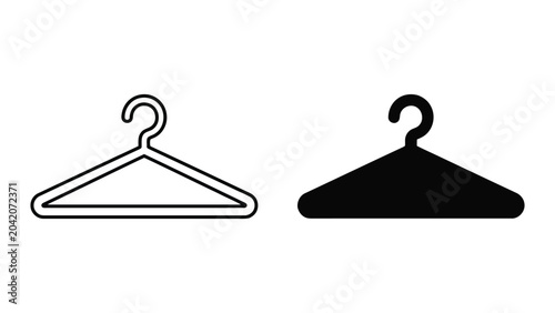 Clothes hanger icon set featuring thin line art and solid black silhouette styles for apparel and retail fashion branding design