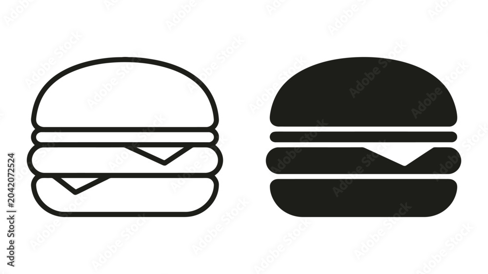 Fototapeta premium Double cheeseburger icon set as flat vector graphic in black and white style featuring minimalist food design elements for restaurant menu or fast food mobile application interface development