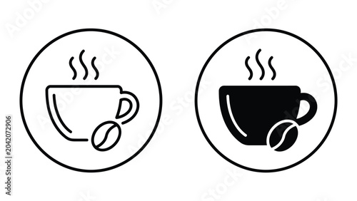 Fényképezés Coffee cup with bean icon set represented as linear and solid black glyphs for c