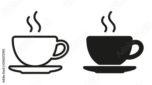 Coffee cup icon set with steam rising for cafe menu and restaurant branding in flat vector style isolated on white background