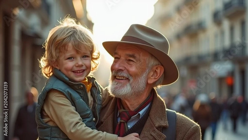 Street portrait of grandfather and his grandson
