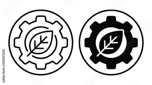 Eco gear icon set with leaf motif inside circular frame representing industrial sustainability and green manufacturing processes for corporate environmental standards
