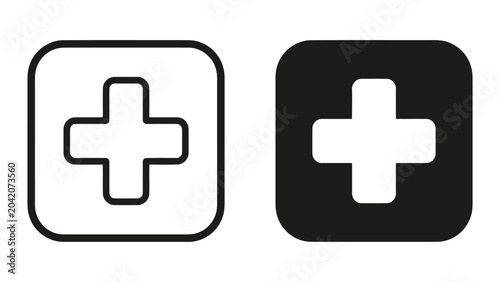 Foto Plus sign inside rounded square icon set in outline and solid black style for me