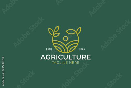 modern agriculture logo design template with minimalist lineart farm field sun and green leaves for organic eco friendly business