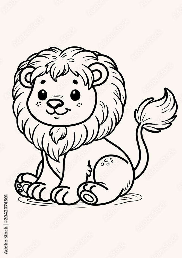 Obraz premium A cute hand-drawn illustration of a happy cartoon baby lion cub sitting down, featuring large expressive eyes, a big fluffy mane, a friendly smiling face, and a long tail with a tufted tip
