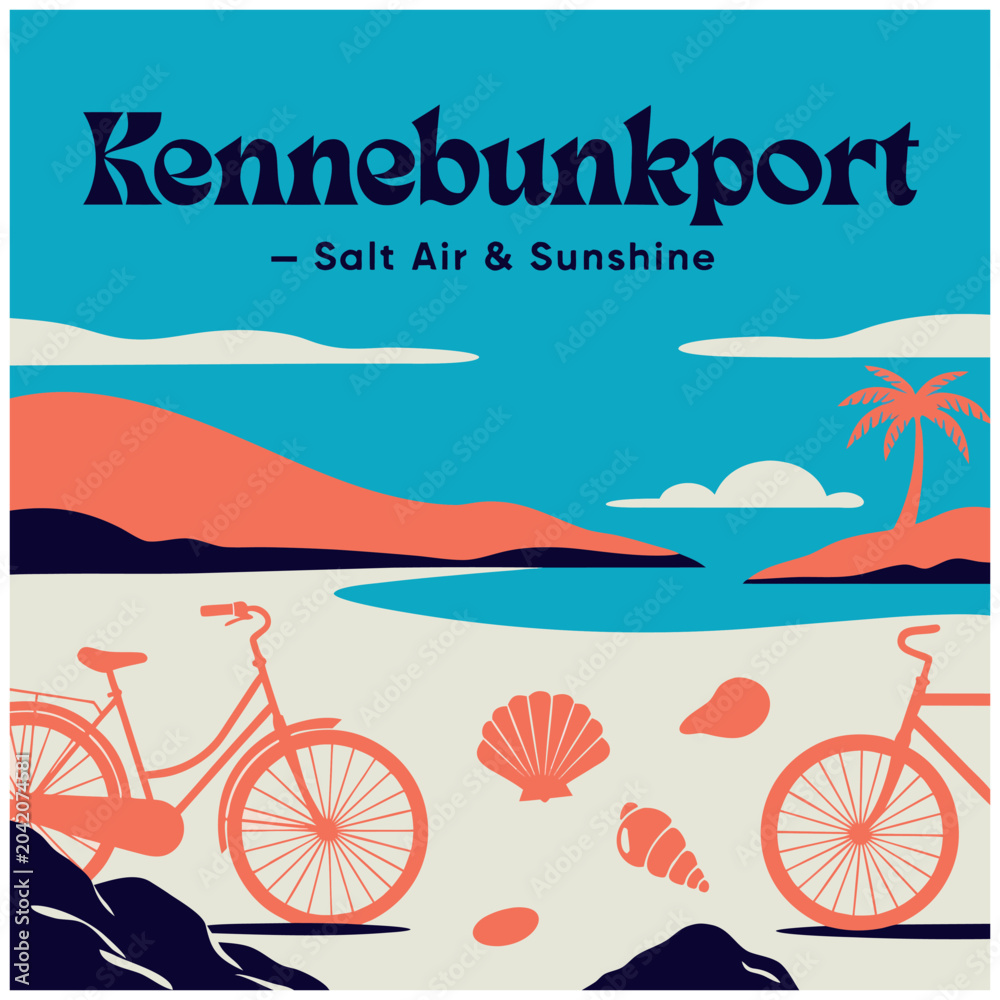 Fototapeta premium Vintage Kennebunkport Maine Retro Travel Poster Style Illustration, Summer Beach Scene with Bicycles and Seashells, Salt Air and Sunshine Graphic Vector Art