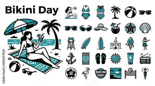 Foto Bikini Day beach icon set, summer vacation vector elements, teal and black tropi