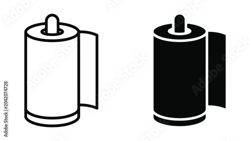 Paper towel roll icon set in outline and solid black style for kitchen cleaning and household supplies branding and design