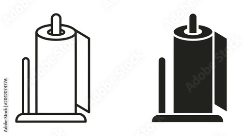 Paper towel dispenser icon set in outline and solid black style for commercial kitchen and restroom facility management