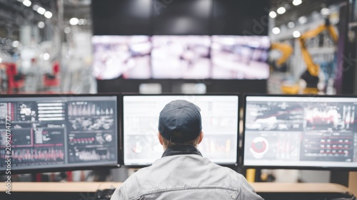 Factory control room with engineer monitoring multiple screens and automation systems
