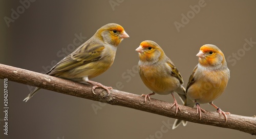Three small birds on branch.