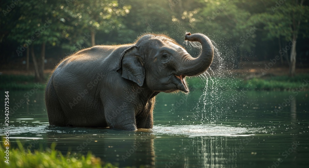 Fototapeta premium Elephant playing in water lake.