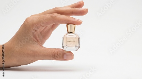 Captivating Action of Hand Holding Perfume Bottle, Minimalist Studio Setting, Photography Perspective, Elegance Concept