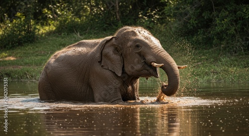 Elephant resting in shallow water.
