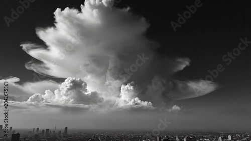 Epic Thunderstorm Cloudscape Over City Skyline in Dramatic Black and White Perspective