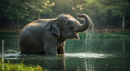 Elephant playing in water lake.