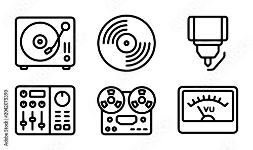 Photos Retro Audio Equipment Icons, Vintage Turntable, Vinyl Record, VU Meter, DJ Mixer
