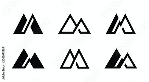 modern letter m monogram logo design template with minimalist lineart mountain peaks for outdoor adventure corporate brand