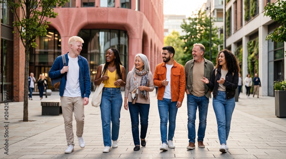 Fototapeta premium Diverse group of friends walking together outdoors in city