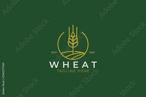 modern wheat logo design template with minimalist lineart farm field grain and circle for organic agriculture business