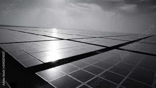 Black and white aerial view of a solar panel farm capturing renewable energy from the sun
