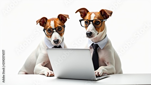 Two Jack Russell Terriers wearing glasses and formal attire sit at a desk with a laptop, appearing engaged in a professional setting with a clean white background