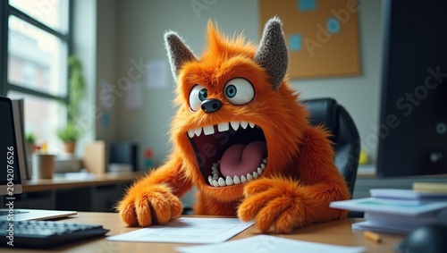 Orange cartoon monster with large teeth and expressive eyes sits at a desk, surrounded by papers and a computer in a bright office environment