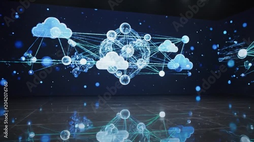 Futuristic Digital Presentation of Cloud Computing Concept with Data Network Visualization on a Dark Backdrop
