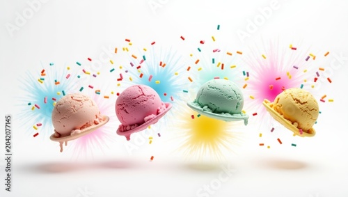 Colorful ice cream scoops in pink, green, yellow, and blue on plates with vibrant sprinkles and bursts of color against a white background