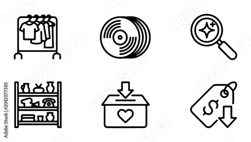 Canvastavla Thrift Store Icons: Clothing Rack, Vinyl Record, Magnifying Glass, Shelves, Dona