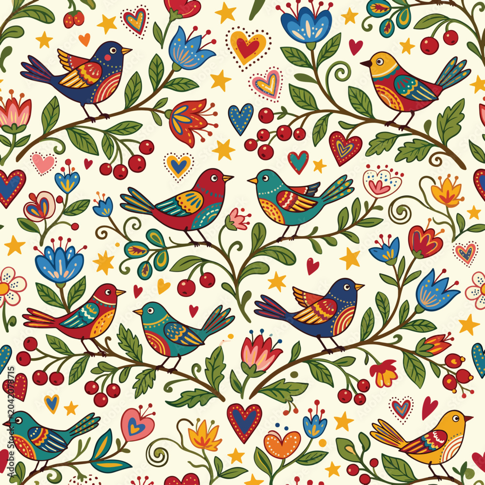 Obraz premium Colorful Floral Vector Pattern with Birds in Folk Art Style