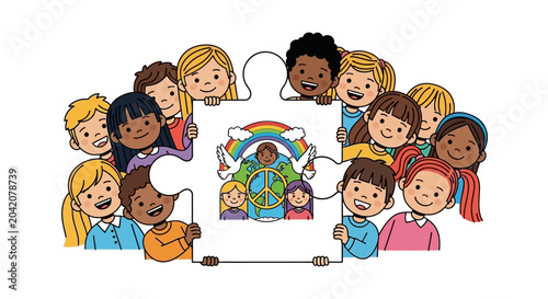 Diverse group of happy children holding puzzle piece with peace sign