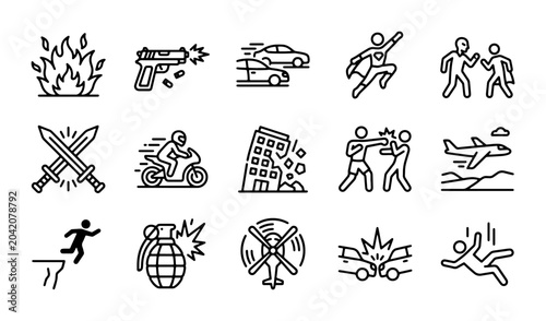 Bild auf Leinwand Action Icons Set: Danger, Conflict, and Adventure Vector Graphics for Thrilling
