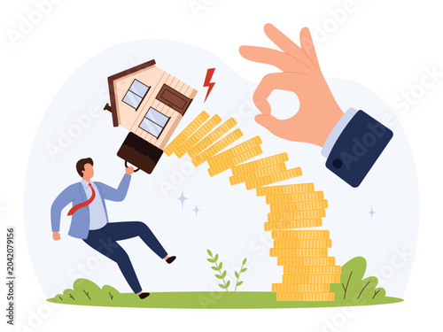 Tablou pe pânză Businessman struggles with increasing home costs as giant hand flicks coins, sym