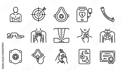 Schilderij op canvas Medical First Aid Icons, CPR Symbols, Emergency Health Care Vector Set, Life Sav