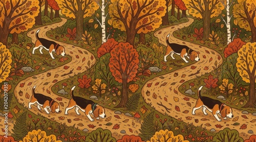 Beagle dogs walking along a winding dirt path surrounded by colorful autumn trees and fallen leaves in a vibrant forest landscape