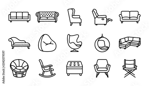 Foto Modern Furniture Icons Set: Sofa, Armchair, Recliner, Chaise Lounge, Bean Bag, E